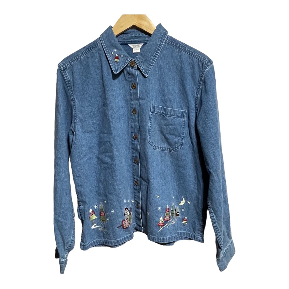 Christopher and Banks Womens Snowman Winter Denim Long Sleeve Button Shirt Large